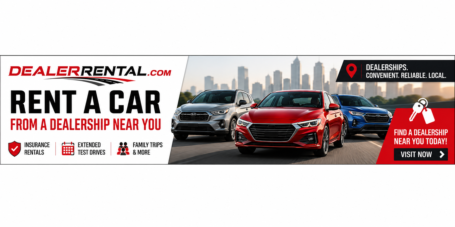 Dealer Rental — Rent a Car From a Dealership Near You — wide advertising banner