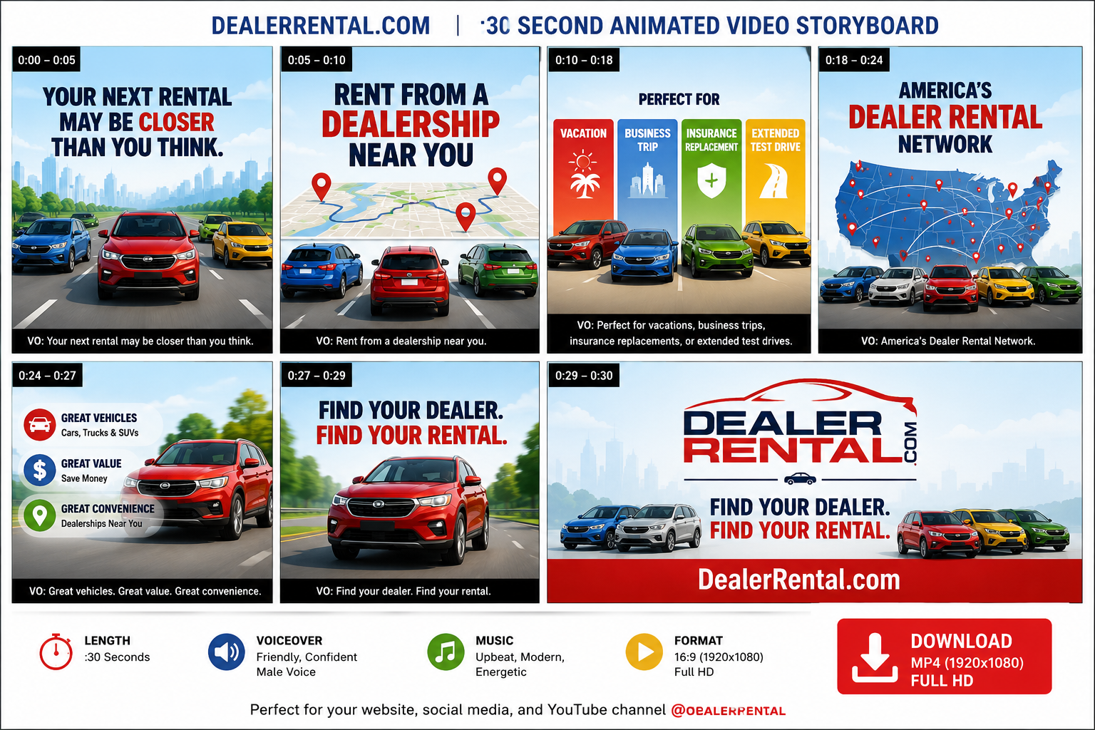 DealerRental.com 30-second animated video storyboard — six-panel campaign breakdown