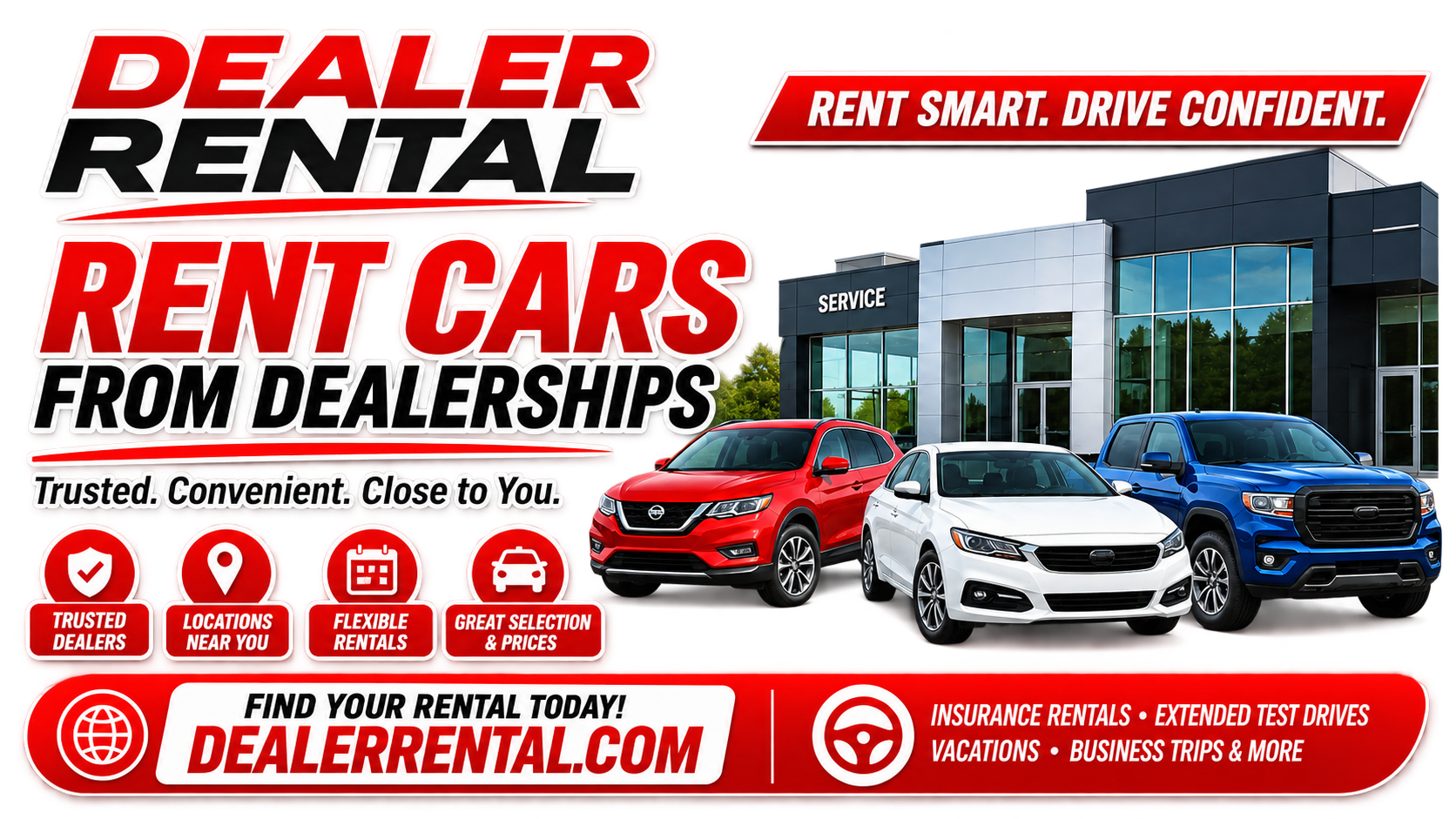 Dealer Rental promotional banner featuring dealership rental vehicles